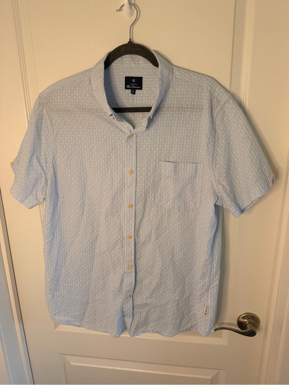 Ben Sherman Light Blue Short-Sleeve Button-Down with White Grid